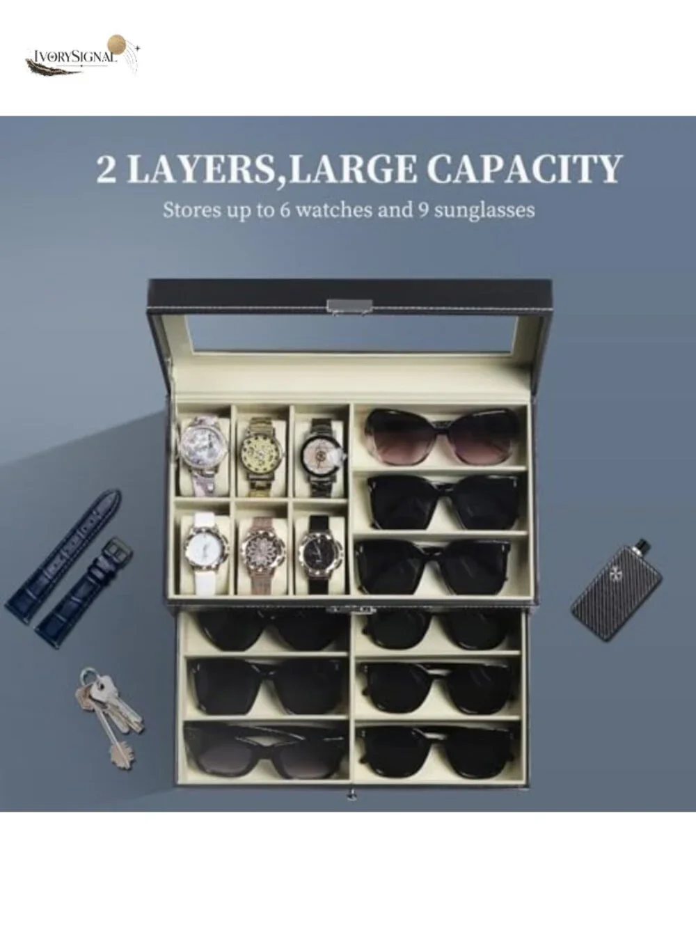 Lockable PU Leather Watch and Sunglasses Storage Case with Glass Top